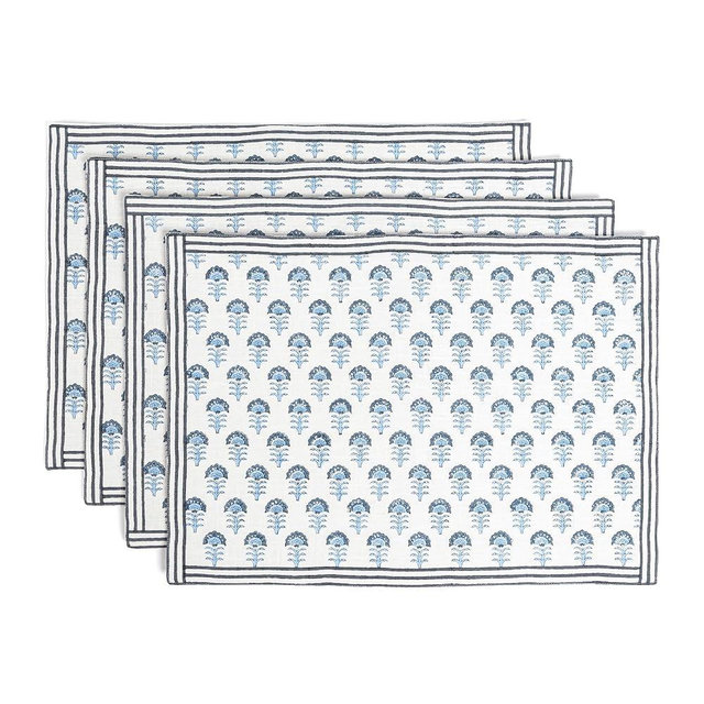 over&back Set of 4 Hand-Blocked Placemats - Colorful Dining Table Mat - Each Placemat is Unique - 100% Cotton - Machine Washable - Kitchen and Home Decor - Blue Flower