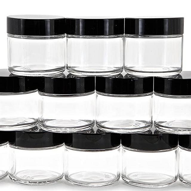 Vivaplex, 12, Clear, 2 oz, Round Glass Jars, with Inner Liners and black Lids