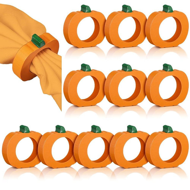 SiliFine 12 Pieces Fall Wooden Pumpkin Napkin Rings Autumn Halloween Thanksgiving Table Dinner for Party Decoration Home and Kitchen Decoration