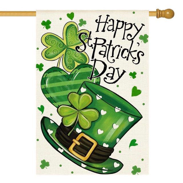 AVOIN colorlife Happy St Patricks Day House Flag 28x40 Inch Double Sided Outside, Shamrock Lucky Clover Hat Yard Outdoor Flag