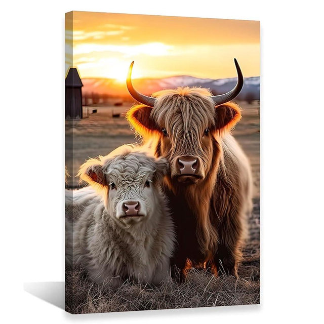 QIXIANG Highland Cow Canvas Wall Art Highland Fluffy Cattle Paintings Prints Farm Animal Pictures Wall Decor for Bathroom Frame (Highland Cow B, 12.00" x 18.00")