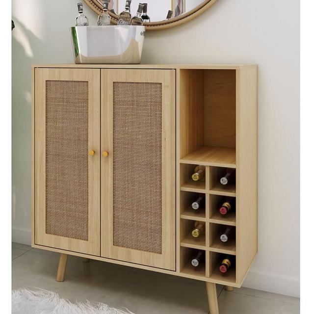 Atlantic Loft & Luv Remy Boho Mid-Century Natural Rattan Panels with Storage, Finish Bar Cabinet