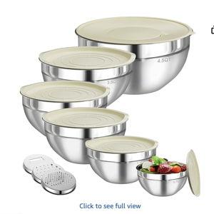 Mixing Bowls with Lids Set, 6 PCS Stainless Steel Mixing Bowls with 3 Grater Attachments, Kitchen Food Storage Organizers Nesting Mixing Bowl, Large Size 4.5, 3.5, 2.1, 1.5, 1.1, 0.7QT