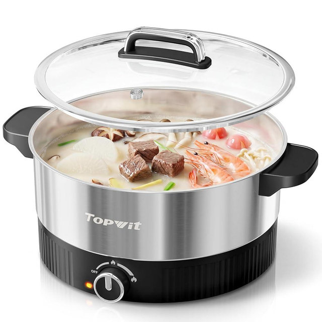 TOPWIT 4.5L Hot Pot Electric, Stainless Steel Electric Pot with Dual Power Setting, 1200W Fast Heating Electric Hot Pot for Cooking Hotpot, Soup, Pasta, Perfect for Family Dinner & Party, Black