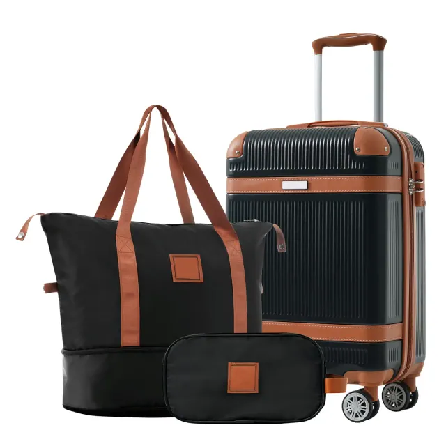 3 PCS ABS Lightweight Hard Shell Carry on Luggage with Travel Bag, Spinner Wheels and TSA Lock, Black - ModernLuxe