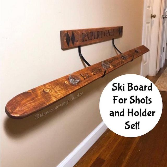 Ski Board for Shots And Holder Set, Rustic Ski Board And Holder, Rustic Bar Decor, *This listing is a set of two items!*