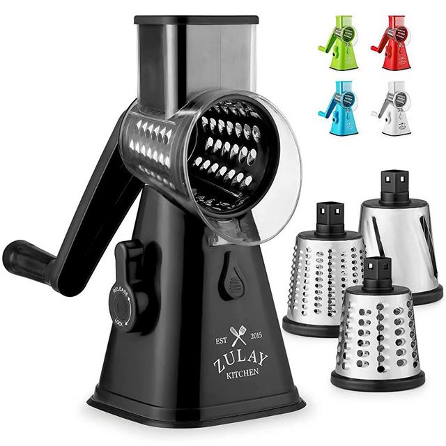Zulay Kitchen Manual Rotary Cheese Grater with Handle - Round Cheese Shredder Grater with 3 Interchangeable Stainless Steel Blades - Easy To Use Fruit, Nut, and Vegetable Grater (Black)