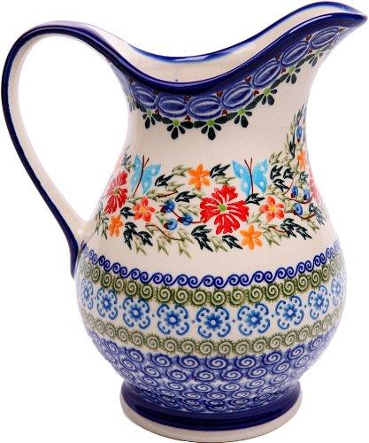 Polish Pottery Ceramika Boleslawiec Pitcher K Cups, Royal Blue Patterns with Red Cornflower and Blue Butterflies Motif, 4-1/4-Inch