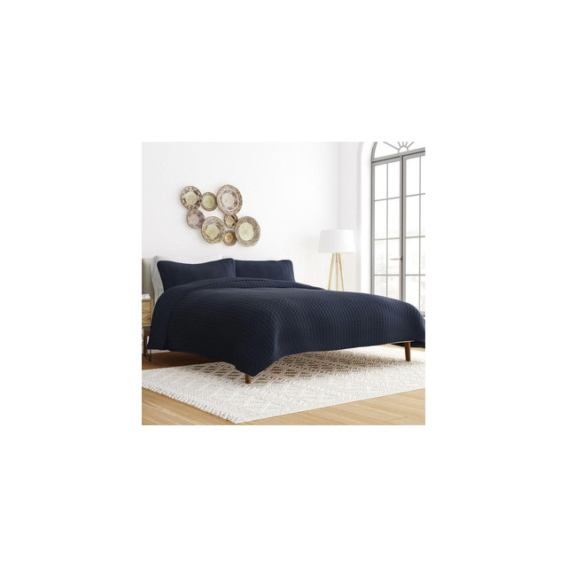 Quilted Coverlet and Shams Set Damask Square Herringbone Pattern - Becky Cameron, Herringbone / Navy, Twin/Twin Extra Long