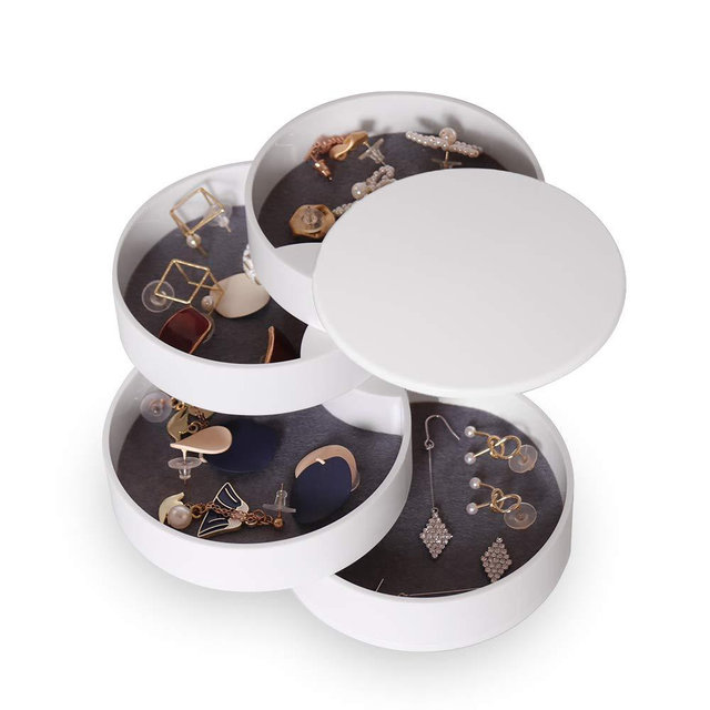 CONBOLA Jewelry Organizer Box Earring Holder Organizer for Women Kids, Small Travel 4-Layer Rotating Jewelry Tray Storage Case for Bracelets Rings Necklace Bracelets (White)