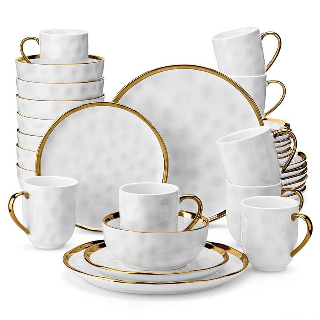 LOVECASA White and Gold Dishes Sets, Stoneware Dinnerware Sets for 8, 32 Piece Plates and Bowls Sets, Handmade Dinner Set with Gold Trim, Dishwasher Safe