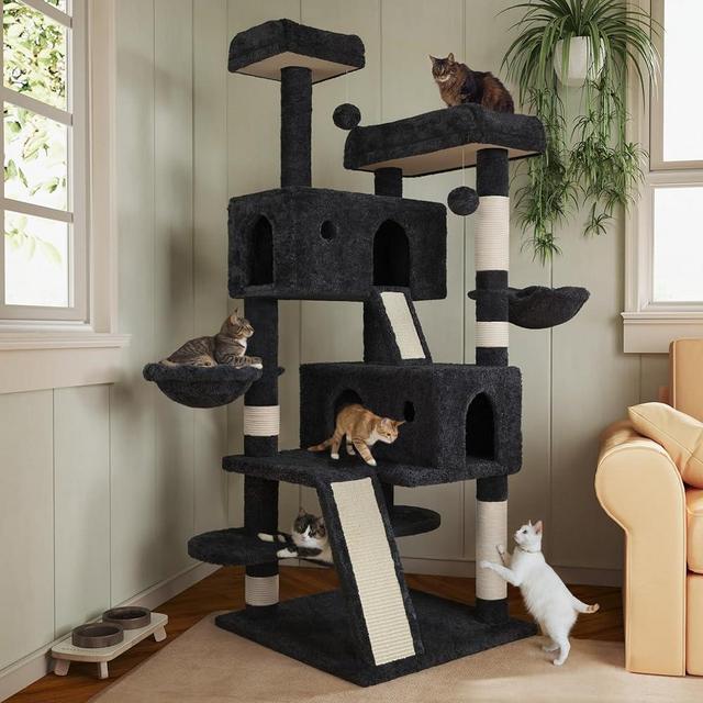 MUTICOR 66 Inches Multi-Level Large Cat Tree Tower for Indoor Big Cats/Cozy Plush Perches/Cat Condo/Sisal  Scratching Posts/Hammock and Baskets/Cat Activity Center Play House/Wide Base/Dark Grey