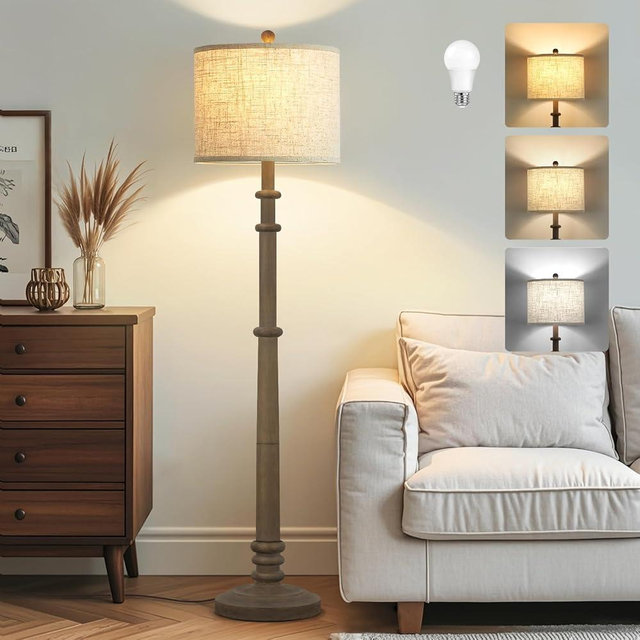 EJIAXIN Floor Lamps for Living Room - 60" Resin Farmhouse Floor Lamp with 3 Color Temperatures - Vintage Standing Lamp Reading Light with Linen Shade Retro Tall Lamp for Bedroom Office, Grey