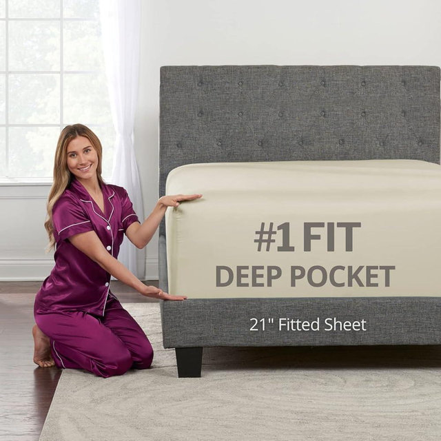 King Fitted Sheet Deep Pocket – Extra Deep Pocket Fitted Sheet King Size 17” - 21” Inch + Fitted Bed Sheets Only - King Size Fitted Sheets with Deep Pockets for Pillow Top Mattress - King Beige Cream