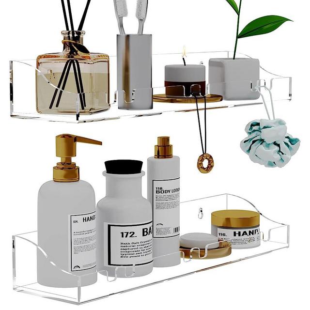 XQIGI Acrylic Shelves Bathroom 2 Pack Clear Shower Floating Shelf with Hooks Transparent Wall Mounted No Drilling Thick Storage Display Shelving (2 Pcs Shelves)