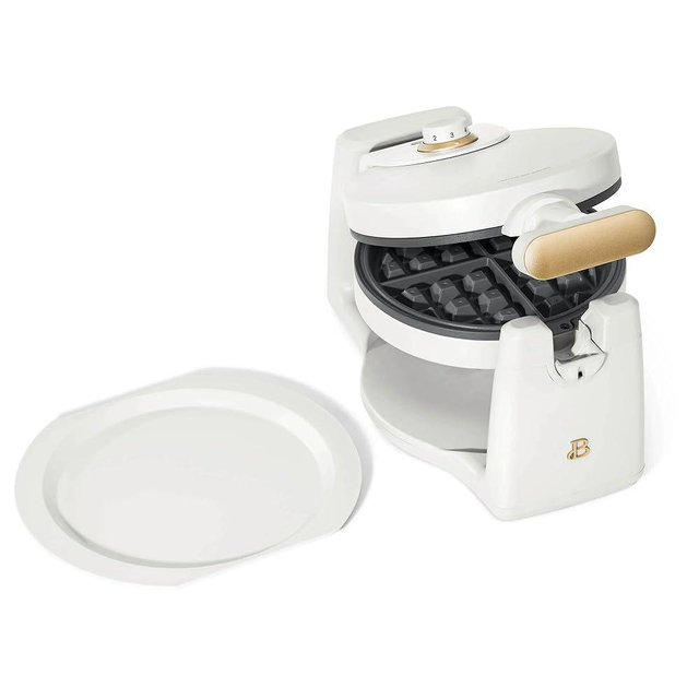 Beautiful Belgian Waffle Maker, Rotating, 7-Settings, PFOA/PFOS Free Nonstick, Dishwasher Safe Drip Tray (White Icing)