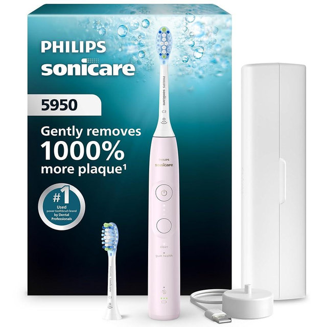 Philips Sonicare 5950 Series Electric Toothbrush with Pressure Sensor, SmarTimer, BrushPacer, 6 Brushing Settings, 21-Day Runtime, Travel Case, Light Pink, HX7132/03