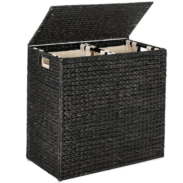 Best Choice Products Large Natural Water Hyacinth Double Laundry Hamper Basket w/ 2 Liner Bags, Handles - Black