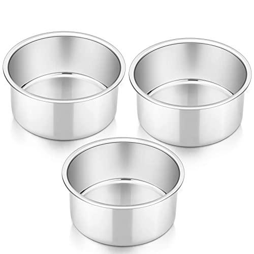 4 Inch Cake Pan Set of 3, P&P CHEF Small Stainless Steel Round Baking Layer Pans Bakeware for Mini Cake Pizza Bread, Non Toxic & Healthy, Leakproof & Easy Clean, Mirror Finish & Easy Releasing