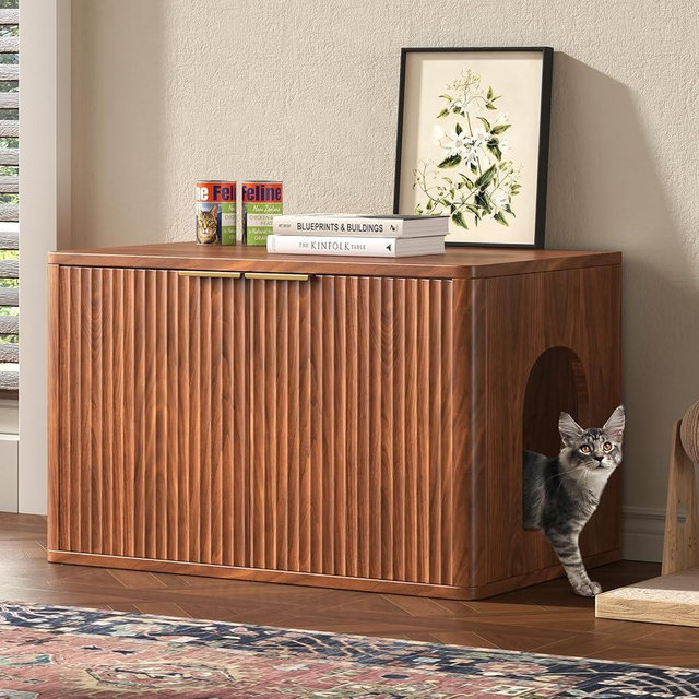 Hootata 31.5" Walnut Cat Litter Box Enclosure Furniture, Large Decorative Hidden Litter Box Cabinet, Fluted Mid Century Modern Kitty End Table for Living Rooms, Bedrooms, Entryways