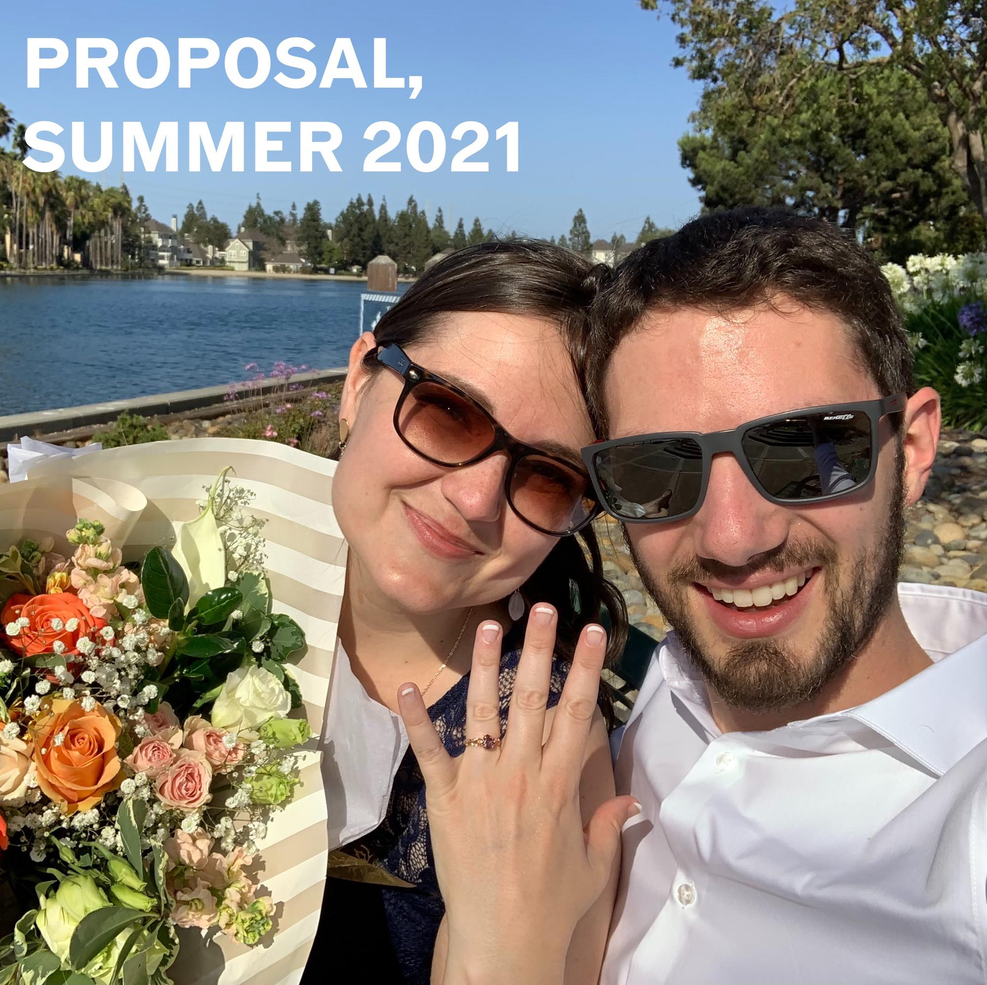 In July of 2021, just steps away from where we had our first kiss, we got engaged! We waited so long in part so that we could celebrate with our parents and siblings in person. We had a lovely party!