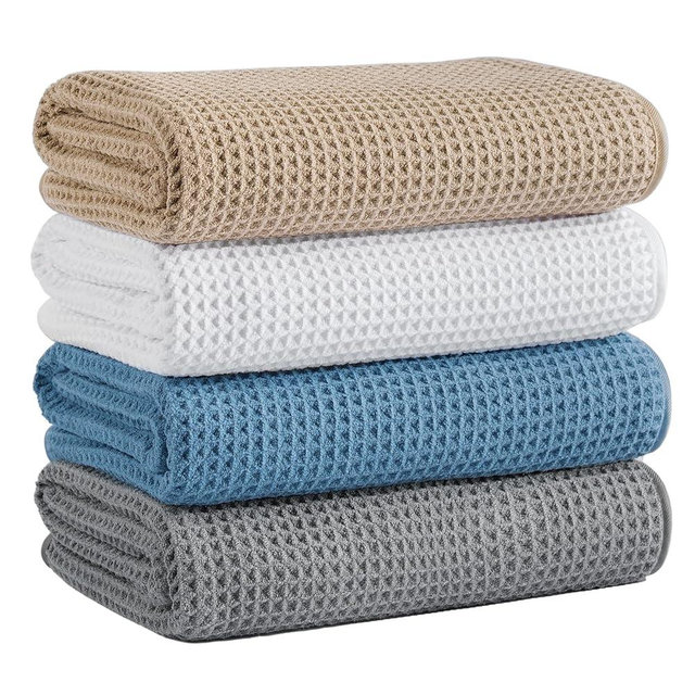 Microfiber Waffle Bath Towels, 4 Pieces, Soft, Absorbent, Fast Drying, Lint Free (Beige+Gray+Blue+White)