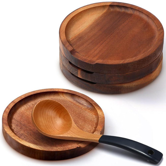 Honeydak 4 Pcs Acacia Wood Spoon Rest for Stovetop Handmade Smooth Wooden Kitchen Spoon Holder for Ladles Tong Cooking Accessories Housewarming Gifts (Classic Style)