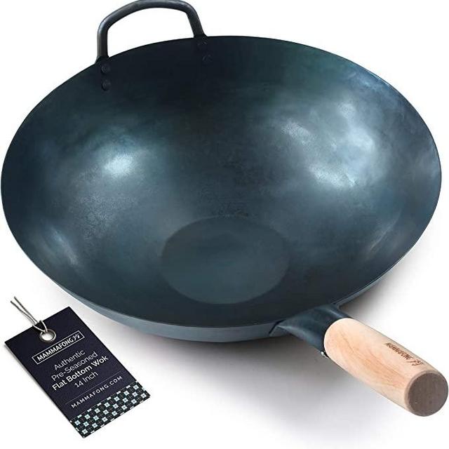 Mammafong Pre Seasoned Blue Carbon Steel Flat Bottom Wok -14 Inch Chinese Pow Wok - Traditionally Hand Hammered Woks and Stir Fry Pans…