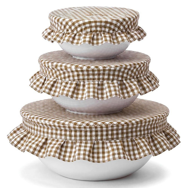 Hushee 3 Pcs Brown Gingham Bowl Covers with Ruffle for Bread Proofing 7''-13'' Reusable Cloth Food Storage Bowl Covers Durable Elastic Farmhouse Plaid Lids Proofing Baskets Bread Baking Supplies