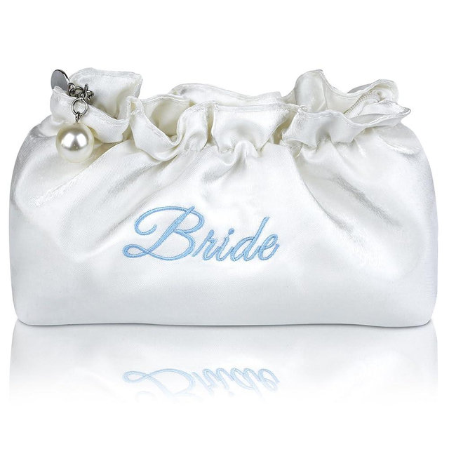 Lauusiusi Creamy White Satin Bride Cosmetic Bag Something Blue Embroidered Silk Makeup Bag Bling Pearl Bride To Be Purse for Bridal Shower Bachelorette Party Women Wedding Engagement Gift