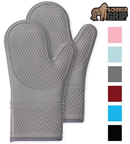 Gorilla Grip Premium Silicone Non Slip Oven Mitt Set, Soft Flexible Oven Gloves, Professional Heat Resistant Kitchen Cooking Mitts, Protect Hands from Hot Surfaces, Cookie Sheets, Gray Pair, Set of 2