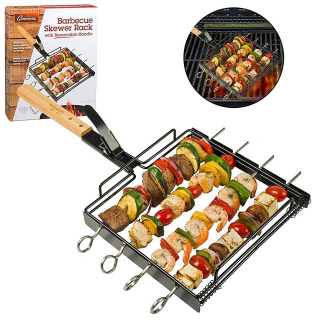 Camerons Products Skewer Rack Set with Removable Handle - Non-Stick Stainless Steel for Grilling Barbecue Shish Kabobs, BBQ Meat, Vegetables, Fruit - (1 Rack, 4 Skewers)