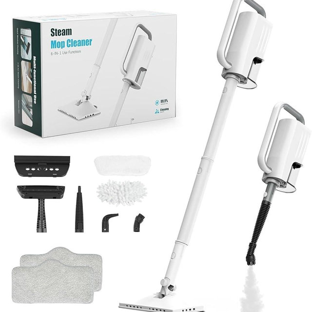 6 in1 Rotated Steam Mop Cleaner with 2 Modes, 2 Microfiber Pads, 400ML Removable Tank, 23FT Power Cable, Detachable Steam Cleaner for Floor, Laminate Floor, Tiles Cleaning (Sky White)