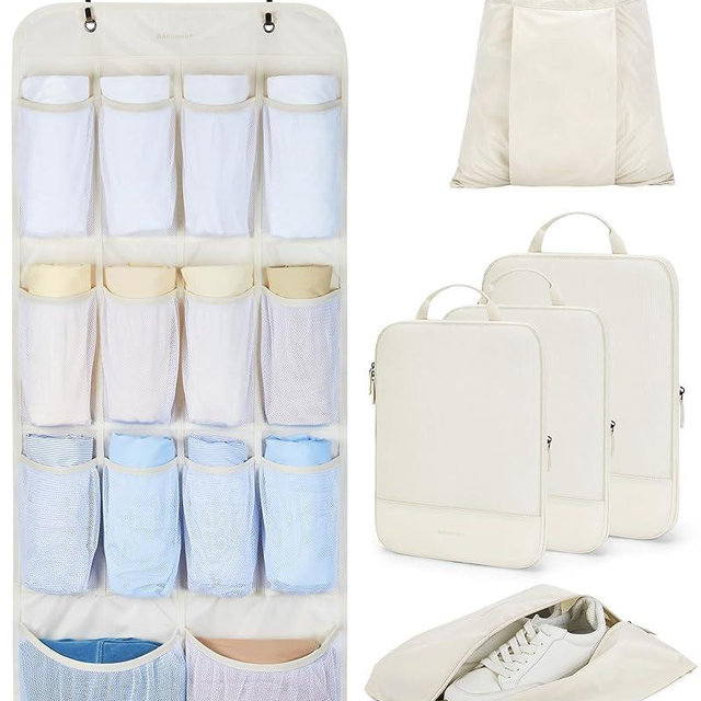 BAGSMART Hanging Compression Packing Cubes for Closet Organizers And Storage, 6 Set Suitcase Organizer Bags Set, Cruise Travel Essentials for Women, Beige