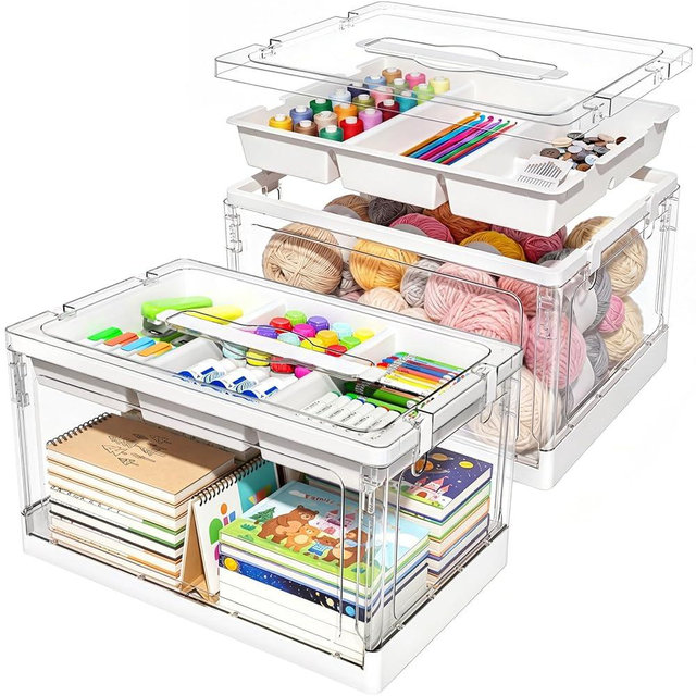 GeeBom 𝟐𝟒𝐐𝐓 𝟐𝐏𝐚𝐜𝐤𝐬 Clear Craft Organizers and Storage with Trays, Art Supply Organizer and Storage, Craft Storage Box with Lid for Beads, Markers, Coloring Books, Sewing, Playdoh and Tools