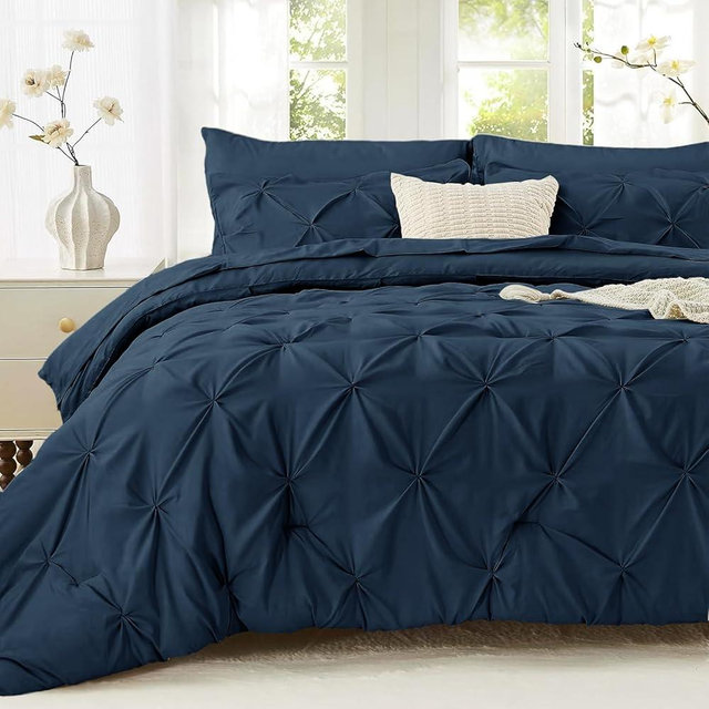 Sasttie Twin Comforter Set, 5-Piece Bed in a Bag, Pintuck Bedding Sets for All Season, Includes Comforter, Flat Sheet, Fitted Sheet, Pillowcase and Pillowsham, Navy