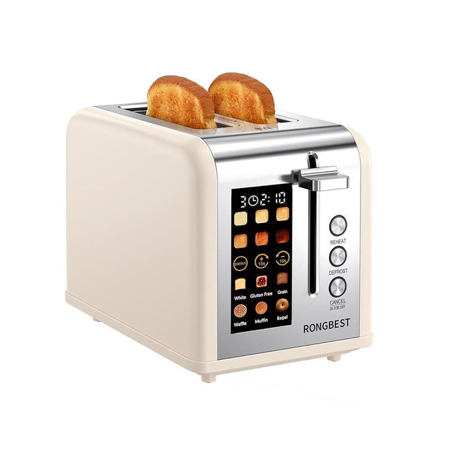 2 Slice Touch Screen Toaster, Stainless Steel Toaster with Wide Slots for Bagels and Bread, Reheat/Defrost/Cancel Functions, Removable Crumb Tray, Cream Color