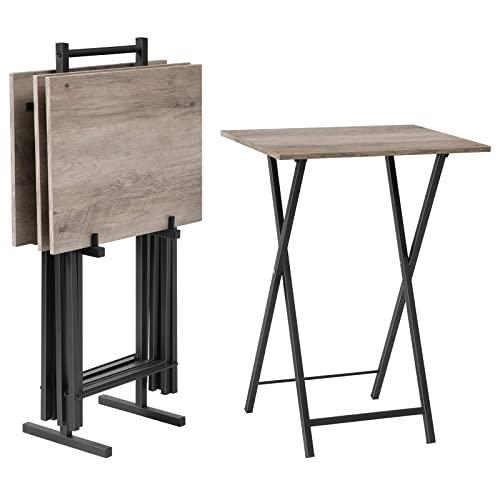 HOOBRO TV Trays, Set of 4 TV Tables with Storage Rack, Industrial Side Table for Eating at Couch, Folding Snack Table for Small Space, Easy Storage, Easy Assembly, Greige and Black BG50BZ01