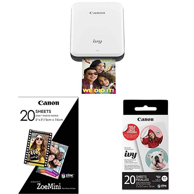 Canon Ivy Mobile Mini Photo Printer Through Bluetooth(R), Slate Gray with Canon Zink Photo Paper Pack, 20 Sheets, White, 2" X 3" and Pre-Cut Circle Sticker Paper, 20 Sheets