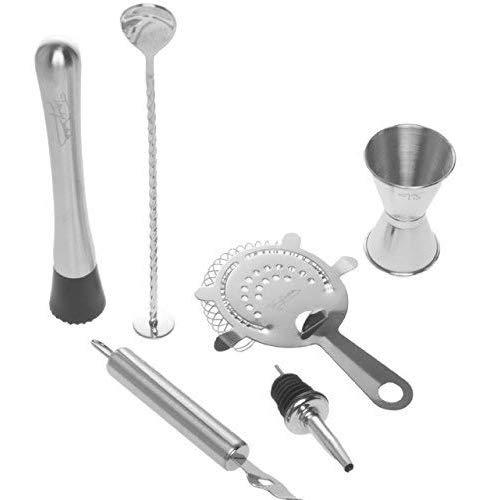 Bar Tool Essentials Deluxe - Bar Set with 6 Crafted Stainless Steel Bar Tools for Your Bar Cart by Trendy Bartender - Muddler, Cocktail Spoon, Jigger, Pourer, Zester & Strainer - Mix With Style
