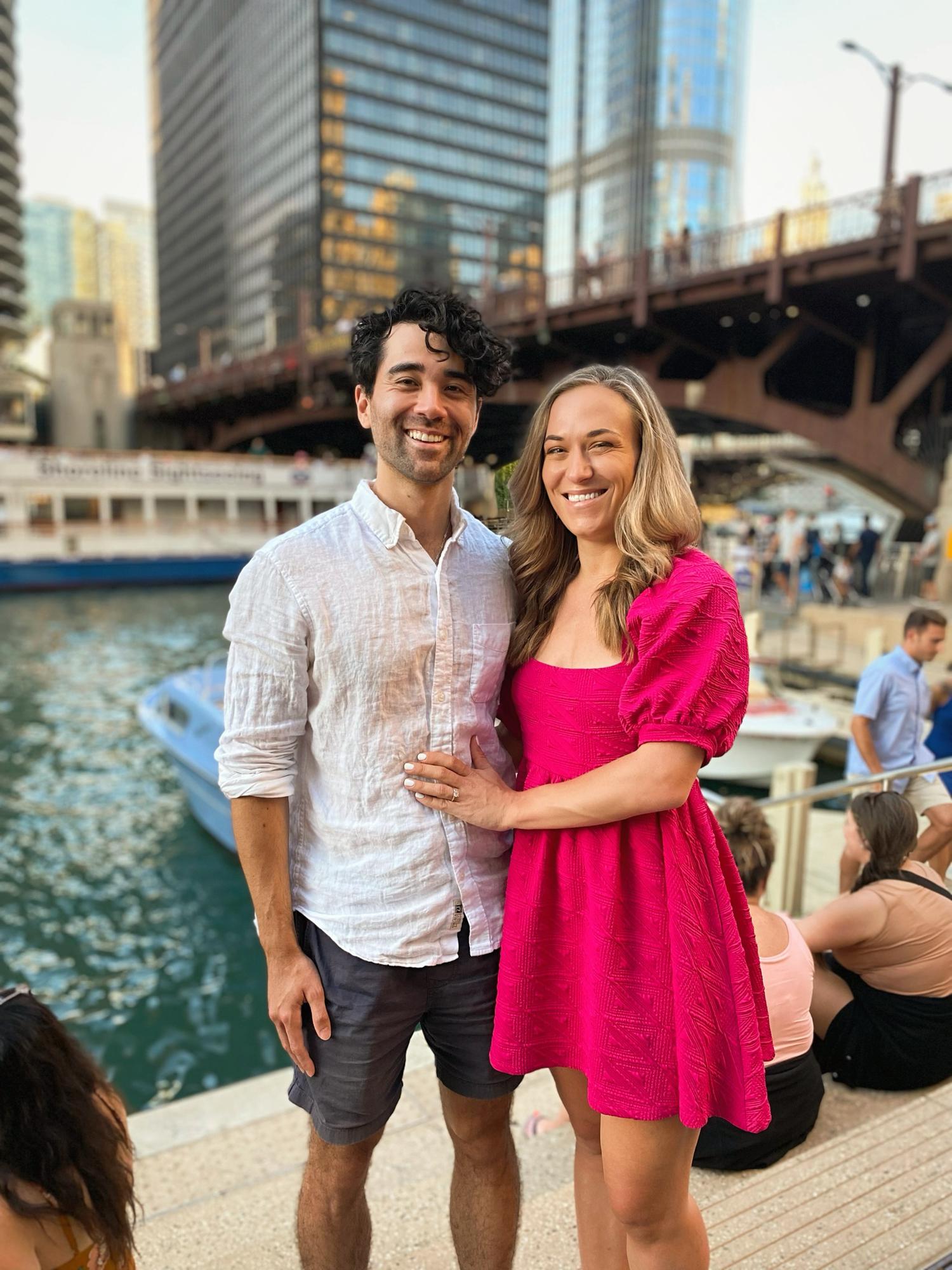 Celebrating the engagement on Chicago’s riverwalk.