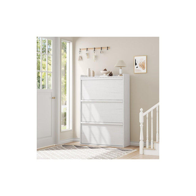Shoe Cabinet with 3 Flip Drawers, Shoe Storage for Entryway, Wooden Shoe Organizer Cabinet, Hidden Shoe Rack for Hallway, Living Room, Rustic White