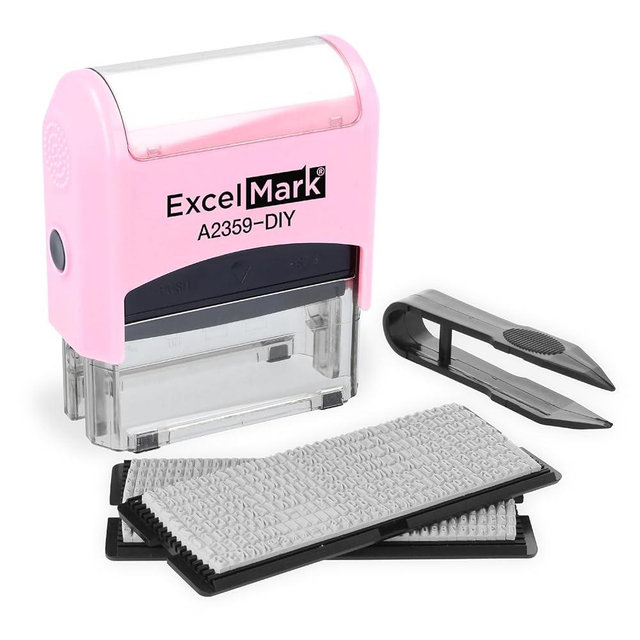 ExcelMark Self-Inking DIY Custom Rubber Stamp Kit - Personalized Stamper for Business or Home - Address Stamp, Message Stamp, and More (Pink)