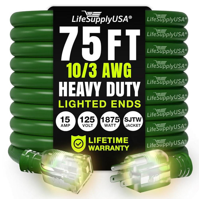 75ft Outdoor/Indoor Extension Cord 10/3 Gauge Ultra Heavy Duty 3 Prong SJTW, Waterproof, Flexible Cold-Resistant Long Power Cord,15A 125V 1875W, Green by LifeSupplyUSA