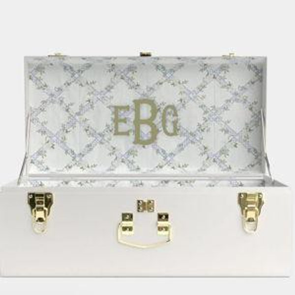 Petite Bridal Trunk (Color: White, Fabric: Timeless Trellis + Monogram Personalization, Font: Waterford, Thread Color: Sage Green)