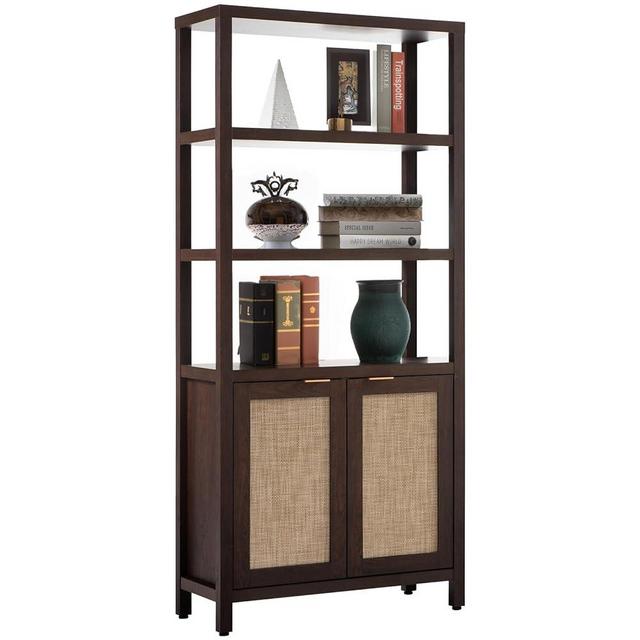 SICOTAS Bookshelf 5 Tier Book Shelf Rattan Boho Tall Bookcase with Doors Storage Wood Shelves Large Bookshelves Farmhouse Bookcases Book Case for Living Room Bedroom Library Office Kitchen (Cherry)