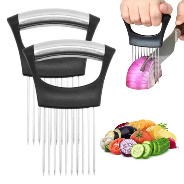 Stainless Steel Onion Slice Holder, 2025 Upgraded Onion Holder for Slicing, Lemon Slicer Vegetable Cutter, Chopper Slicing Assistant Tool for Meat, Onion, Potato, Tomato Home Kitchen Tools (2pcs)