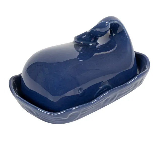 Storied Home Coastal Stoneware Whale Shaped Butter Dish, Navy Blue