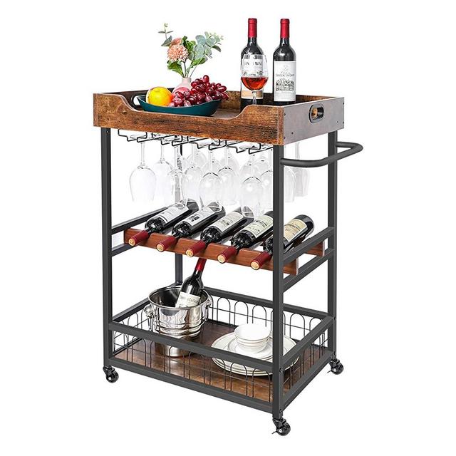 X-cosrack Bar Cart with Wine Rack,Mobile Kitchen Serving Cart with Storage and Glass Holder,Removable Wood Tray, Industrial Wine Cart on Wheels with Handle,Rustic Brown