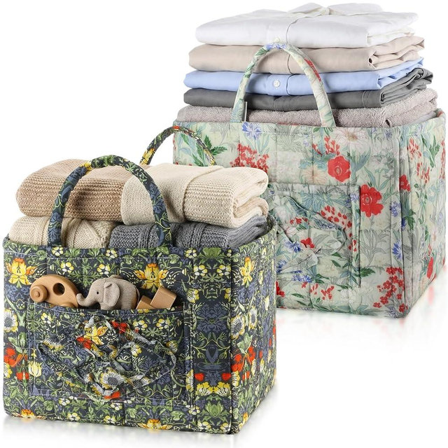 Ferrochef 2 Pcs Quilted Fabric Storage Basket with Handles 13"x11"x10.6" Boho Foldable Floral Laundry Organizer Bin for Home Picnic Shopping Travel